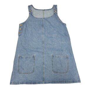 Ladies Blue Denim Sleeveless Jumper Dress Large Side Button Detail Front Pockets